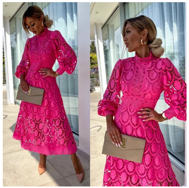 Charlize Romantic Lace Dress with Puff Sleeves (One Piece)