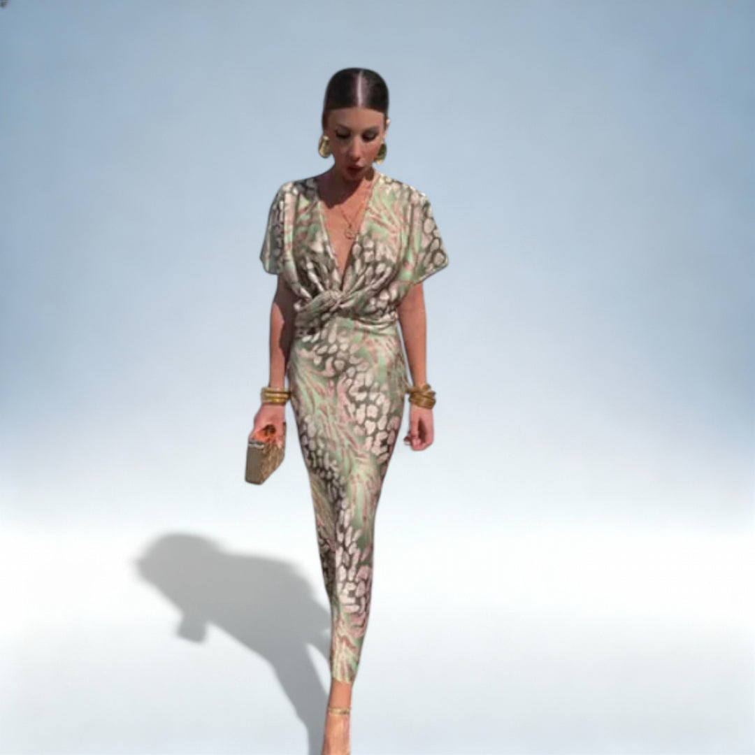 SOPHIA — Vestido Cetim Premium V-Neck Verde | Elegância Atemporal