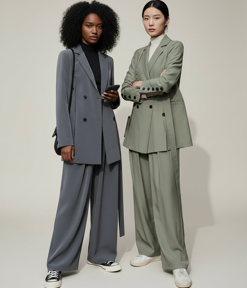 Clara Mode: Fato Urbano com Calças Amplas e Faixa Ajustável