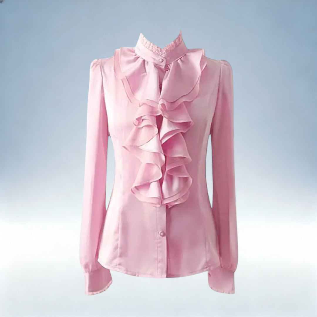NINA — Camisa Rosa Gola Folhos Manga Comprida em Tecido Premium | Elegância Romântica