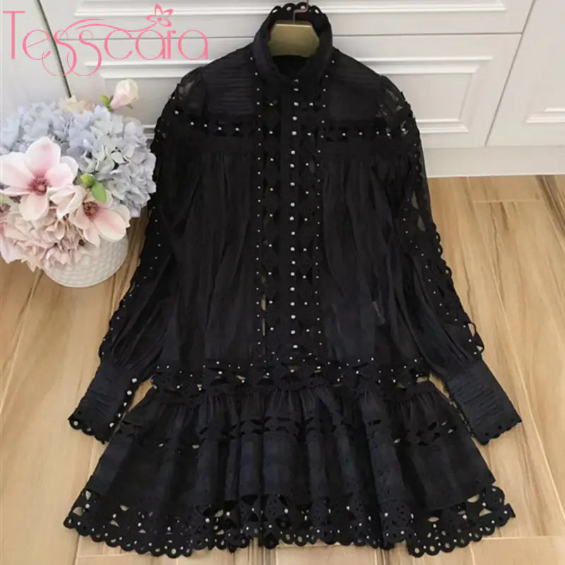 TESSCARA Women's Luxury Elegant Beaded Turtleneck Dress