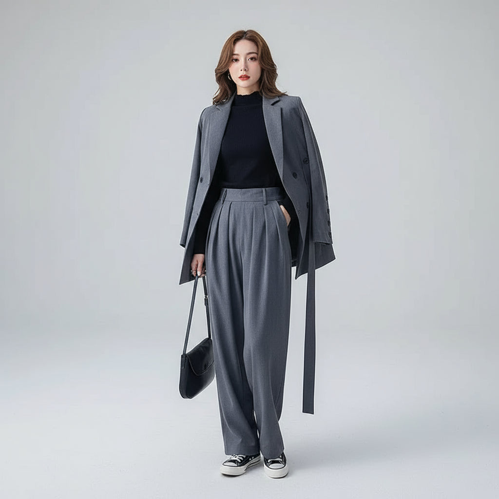 Clara Mode: Fato Urbano com Calças Amplas e Faixa Ajustável