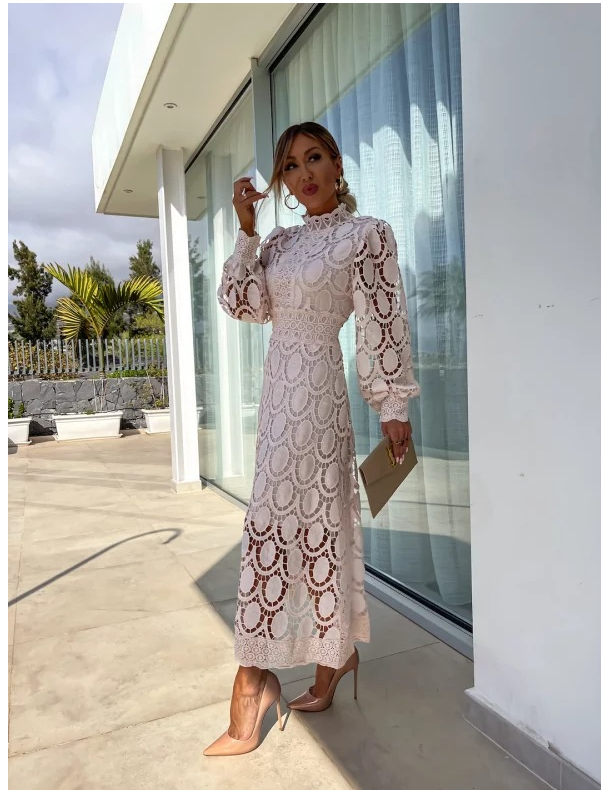 Charlize Romantic Lace Dress with Puff Sleeves (One Piece)