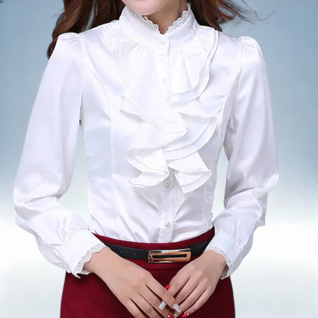 NINA — Camisa Rosa Gola Folhos Manga Comprida em Tecido Premium | Elegância Romântica